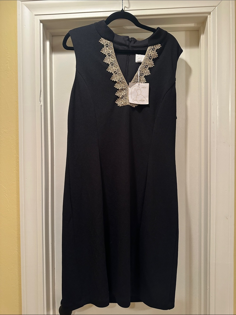 Pappagallo Black Sleeveless Midi Dress with Gold Lace Trim
